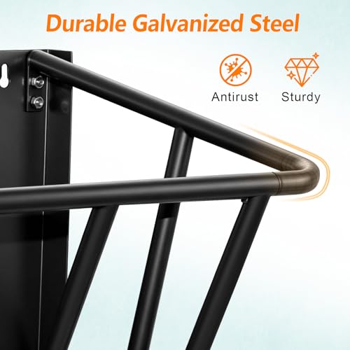 2-in-1 Wall Mount Goat Hay Feeder Rack with Grain Tray, Heavy-Duty Galvanized Steel Livestock Feeder for Goats Sheep Horses - color: Black