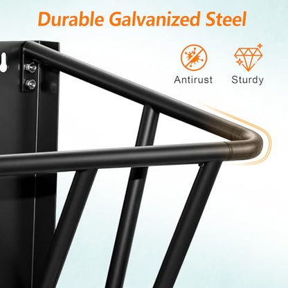 2-in-1 Wall Mount Goat Hay Feeder Rack with Grain Tray, Heavy-Duty Galvanized Steel Livestock Feeder for Goats Sheep Horses - color: Black