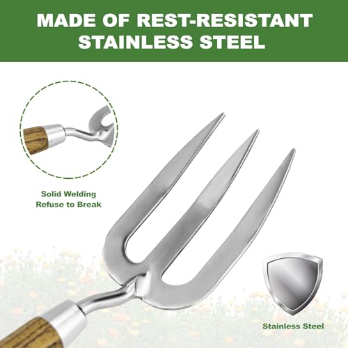 Garden Hand Fork, Hand Weeding Fork with Sharp Tine for Easy Uprooting Large Weeds, Stainless Steel Garden Fork, Comfortable Grip Wood Handle Hand Fork for Fast Weeding, Loosening Soil and Composting