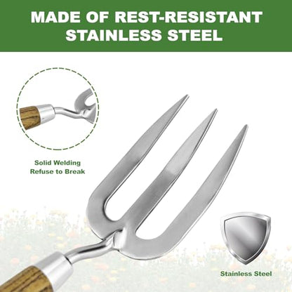 Garden Hand Fork, Hand Weeding Fork with Sharp Tine for Easy Uprooting Large Weeds, Stainless Steel Garden Fork, Comfortable Grip Wood Handle Hand Fork for Fast Weeding, Loosening Soil and Composting