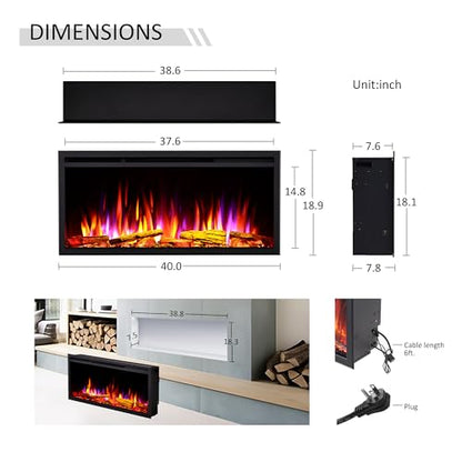 LegendFlame 40" W Smart Wall Mount & in Wall Recessed Electric Fireplace Insert, Heater 750W/1500W, Multi Colors of Flame & Fuel Bed, Alexa/Google Assistant Enabled - size: 40" DEEP