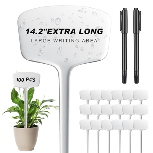 Weysat 100 Pack Outdoor Plant Markers 14.2 Inch Garden Labels with Pen Waterproof T Type Plastic Plant Tags Durable Nursery Garden Markers for Herbs Seed Pot Flowers Vegetable