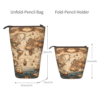 Retro Map Standing Pencil Case Cute Telescopic Stationary Pouch with Zipper Large Capacity Stand up Pen Bag Portable Makeup Holder for School Office Supplies - color: Map