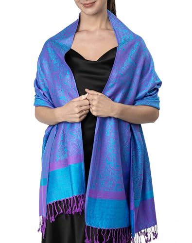 Achillea Two-Tone Vintage Paisley Pashmina Scarf – Lightweight Wrap & Shawl for Dresses, Weddings, Travel, All Seasons - color: Cyan Purple