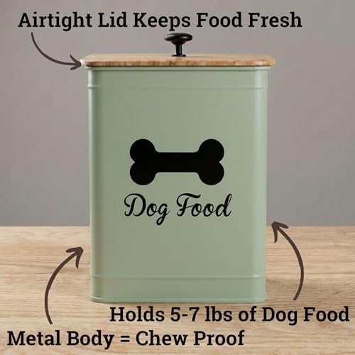 Dog Food Container Airtight Bamboo Lid 5-7 lb, 25 Cups, Sturdy Metal Handle | Pet Jar For Dogs up to 50lbs, Airtight Bamboo Lid, Sturdy Comfortable Metal Handle, Powder Coated Iron, Kibble Storage Bin - color: Sage Green
