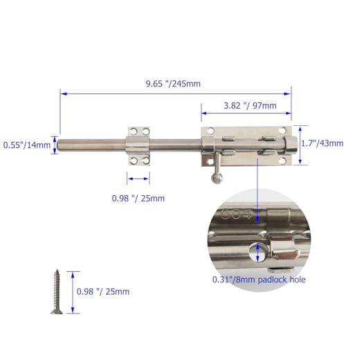 Barrel Bolt Latch Heavy Duty, 304 Stainless Steel Gate Latch Slide Lock with Padlock Hole, 14mm Dia. Rod Security Sliding Bolt Gate Latch for Wooden Gates- 10 Inch, Silver - size: 10 Inch - Silver