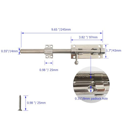 Barrel Bolt Latch Heavy Duty, 304 Stainless Steel Gate Latch Slide Lock with Padlock Hole, 14mm Dia. Rod Security Sliding Bolt Gate Latch for Wooden Gates- 10 Inch, Silver - size: 10 Inch - Silver