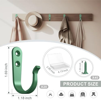 BREYDROK 20PCS Heavy Duty Metal Wall Hooks, Coat Hooks for Hanging - with 40 Screws for Coats Towels Backpacks - Mint Green - color: 20pcs + Mint Green