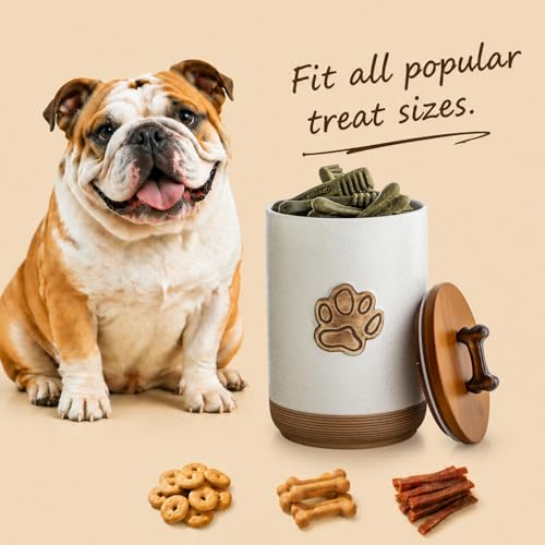 Miamolo Dog Treat Container, Airtight Dog Food Storage Container with Lid and Handle, Ceramic Pet Food Storage Jar for Kitchen Counter Farmhouse Dog Biscuit Jar, Dog Lovers Gift, Paw Glinting White - color: Paw Glinting White