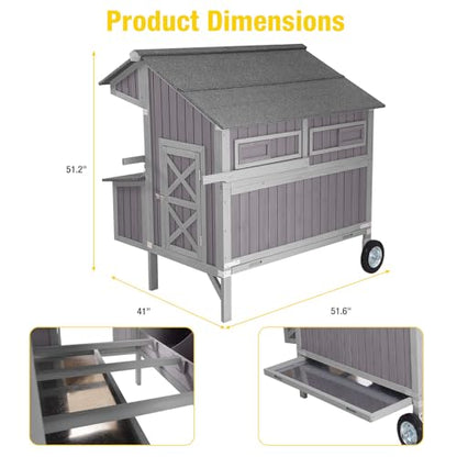 Aivituvin Chicken Coop Mobile Outdoor Hen House with Large Wheels Durable Wooden Poultry Cage with 3 Nesting Box for 2-6 Chickens 51.5’’ (51.57'' × 41.02'' × 51.18'') - size: 51.57'' × 41.02'' × 51.18''