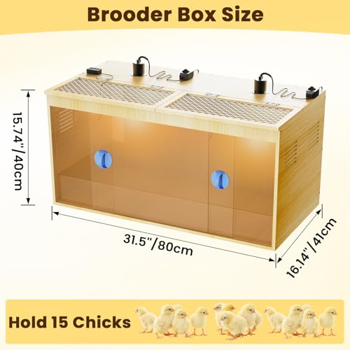 Brooder Box for Chicks, 32 Inch Large Wooden Chicken Brooder Box with 75W Heat Lamps, Thermometer, Chicken Feeder & Waterer Set, Tin Foil, Ideal for 12-15 Newborn Chicks Ducks Quails, Large