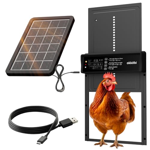 Okkobi Automatic Chicken Coop Door Solar Powered - LCD Display - Chicken Coop Door with Light Sensor & Timer - Security & Peace of Mind: Anti-Pinch Function - 5-Year Protection - Black - color: Black