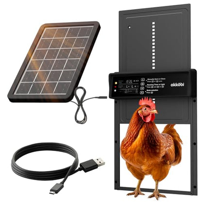 Okkobi Automatic Chicken Coop Door Solar Powered - LCD Display - Chicken Coop Door with Light Sensor & Timer - Security & Peace of Mind: Anti-Pinch Function - 5-Year Protection - Black - color: Black