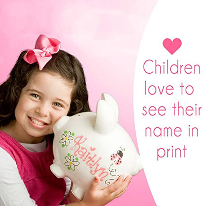 My Bambino Girl's Hand Painted Personalized Pink Ladybug Piggy Bank Large White piggybank Baby Gift (Pink Ladybug) - color: Pink Ladybug
