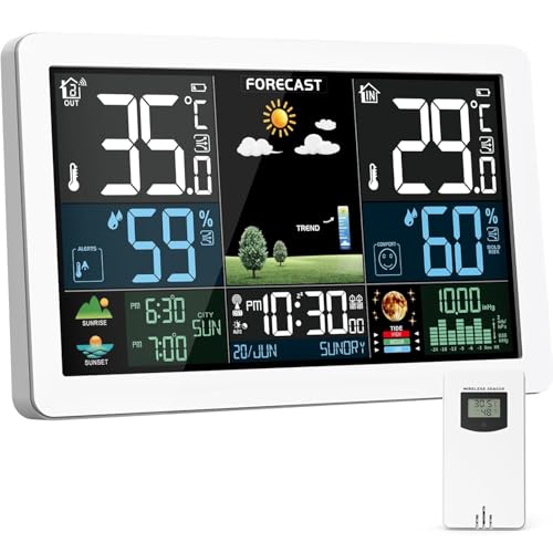 Weather Station Wireless Indoor Outdoor, Thermometer Wireless with Remote Sensor, Home Weather Station, Color Display Digital Weather Forecast, Humidity, Atomic Clock, Air Pressure for Home