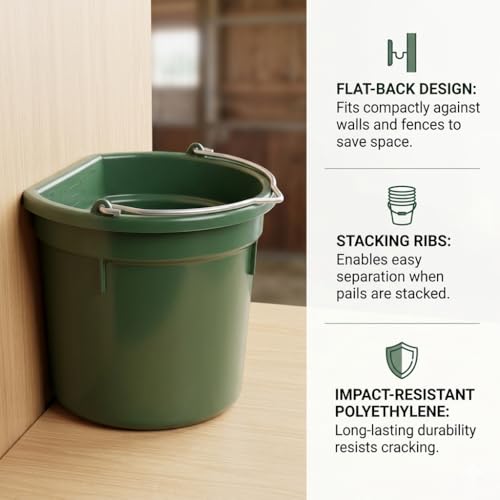 FarmTek Flat-Back Utility Bucket – 8 Quart, Heavy-Duty Polyethylene | Space-Saving Flat-Back Design, Reinforced Wire Carry Bail, Integrated Hanging Notch, Farm & Stable Utility