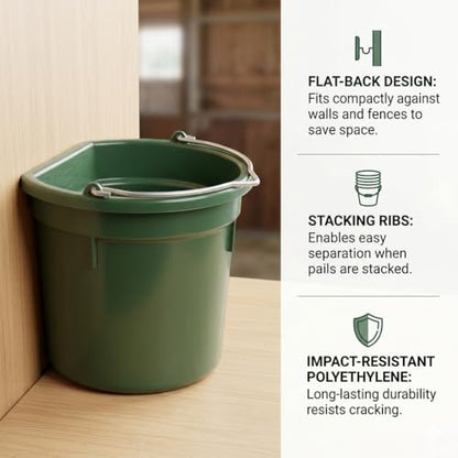 FarmTek Flat-Back Utility Bucket – 8 Quart, Heavy-Duty Polyethylene | Space-Saving Flat-Back Design, Reinforced Wire Carry Bail, Integrated Hanging Notch, Farm & Stable Utility