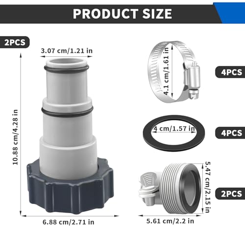 4 Pack Pool Hose Adapter, 1.5" to 1.25" Pool Hose Connector with Clamp and Washer for Intex Threaded Connection Pump Hoses Above Ground Pools Accessories