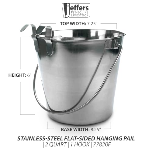 Jeffers Flat Sided Stainless Steel Pails with Handle & 1 Hook – Dishwasher Safe, Durable Feeding & Milk or Water Buckets for Pet, Horse. Livestock & Farm Use for Kennel, Cage, Fence - 2 Quart