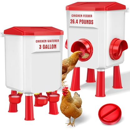 Chicken Feeder and Waterer Set 3 Gallon/26.4 Pounds, Automatic Chick Feeder and Waterer Set No Waste, Poultry Feeder Large for Hens/Ducks/Poultry - color: Red