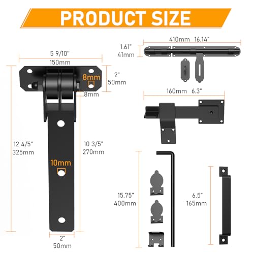 Heavy Duty Gate Hinges, 13" Bolt-On or Weld-On Hinges with Slide Bolt Gate Latch, Cane Bolts, Door Handles, 180° One-Way Open Gate Hinge for Double Wooden Door/Metal Gates,Garden Gates, Fence, Barn - style: 4 Pack Gate Hinges with Accessories