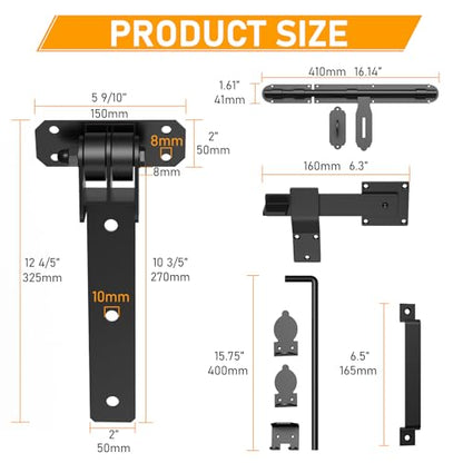 Heavy Duty Gate Hinges, 13" Bolt-On or Weld-On Hinges with Slide Bolt Gate Latch, Cane Bolts, Door Handles, 180° One-Way Open Gate Hinge for Double Wooden Door/Metal Gates,Garden Gates, Fence, Barn - style: 4 Pack Gate Hinges with Accessories