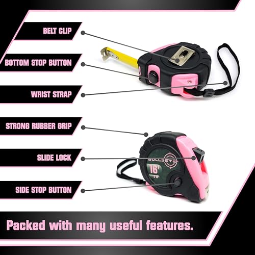 Bullseye Tape Measure 16 Foot | Pink | Premium-Quality Retractable Measuring Tape with Pause Buttons | Easy to Read Measurements in Standard & Metric - Centimeters & Inches