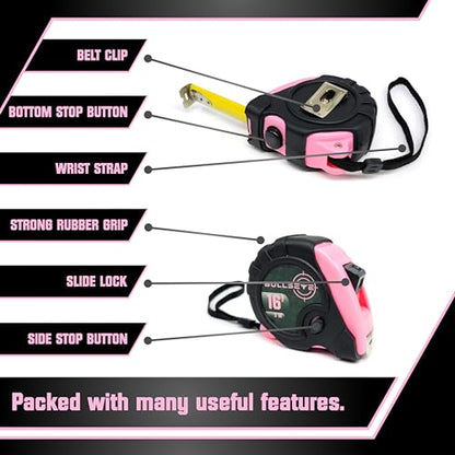 Bullseye Tape Measure 16 Foot | Pink | Premium-Quality Retractable Measuring Tape with Pause Buttons | Easy to Read Measurements in Standard & Metric - Centimeters & Inches