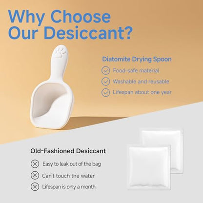 Diatom Drying scoop 1/4 Cup for Pet Food, Keep Food Fresh Desiccant to Dry Deodorization Rapid Water Absorption, Pet Food Scoop for Dog Cat, Comfortable Long Handle for Easy to Scoop Food