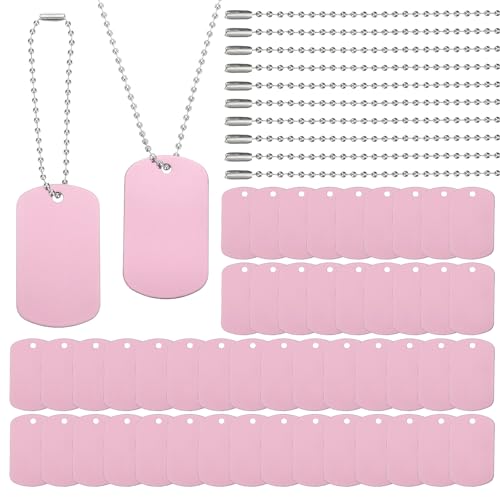 PATIKIL 100 Pcs Blank Dog Tags Set, Including 50 Pcs Aluminum Metal Stamping Rectangle Label 50 Pcs Ball Steel Chain for DIY Decor Laser Engraving Necklace, Pink - color: Pink