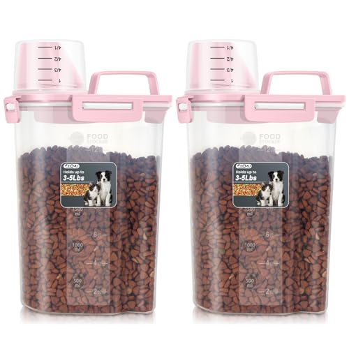 Dog Cat Food Storage Container, Pet Food Pourable Container Airtight with Large Spout & Cup, BPA-Free Plastic Food Dispenser for Pet Food, Bird Seed, Rice, Flour (Pink, 2.5L (2 pack)) - color: Pink, size: 2.5L (2 pack)