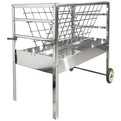 Easy to Assemble 2 in 1 Livestock Feeder with Wheels, Hay Grid on Top and Grain Trough Below, Heavy Duty Galvanized Steel, Space Saving Freestanding Feeder
