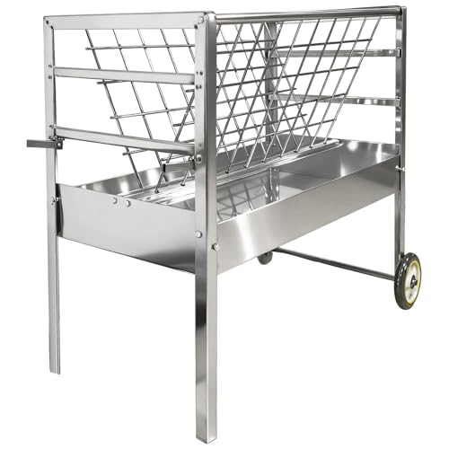 Easy to Assemble 2 in 1 Livestock Feeder with Wheels, Hay Grid on Top and Grain Trough Below, Heavy Duty Galvanized Steel, Space Saving Freestanding Feeder