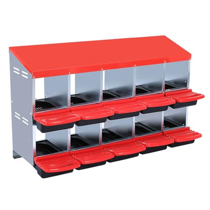Chicken Nesting Boxes,10 Hole Metal Roll Away Eggs Laying Boxes with Ventilation Holes，Rustproof Plastic Tray & Keyhole Mounting, Cleanable Pull Out Nest Box for Hen & Duck, Red - color: Red, size: 10 holes