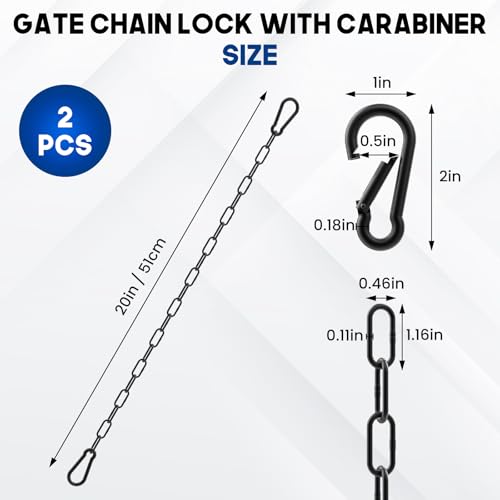 20 Inch Gate Chain Lock with Carabiner, Stainless Steel Chain Link Gate Lock, 2Pcs Barn Chain for Outdoor Fences Gates Pet Cages Livestock Corrals (Black)