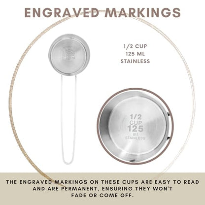 1/2 Cup Stainless Steel Measuring Cup, Long 6" Wire Loop Handle and Pour Spout | Sturdy Metal 125 ml | 125 cc | 4 oz | Single Cup for Wet and Dry Ingredients | Great for use as 1/2 Cup Dog Food Scoop - size: 1/2 Cup Long Handle