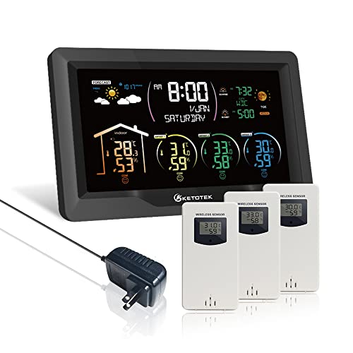 KETOTEK Wireless Radio Weather Station with 3 Outdoor Sensors Indoor Outdoor LCD Digital Thermometer Hygrometer Barometer with WWVB,Alarm Clock,Weather Forecast,Moon Phase,Sunrise and Sunset Time
