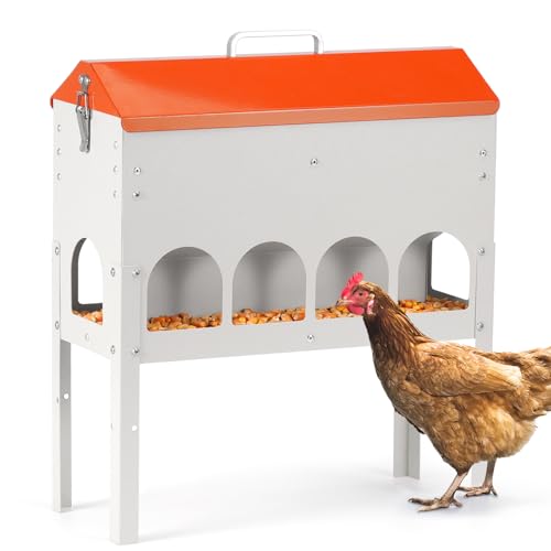 17Lbs Chicken Feeder No Waste Poultry Feeder 10 Feeding Ports | Base No Buildup-No Waste, With Secure Locking Lid & Adjustable Legs, Galvanized Metal, Coop Food Dispenser For Backyard Flock