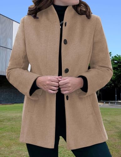 LIZALIG Women's Stand Collar Pea Coat Winter Long Sleeve Wool Blend Short Jackets Single Breasted Blazer Coat Outwear - color: Khaki, size: Small