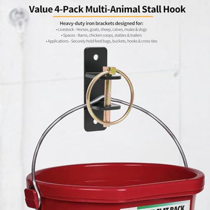 4 PCS Heavy Duty Water Bucket Hooks with Quick Release Pin, 5/32 Inch Thick Wall Mounted Horse Feed Bracket for Stall, Seamless Welded Hardware for Livestock, Barn & Pets