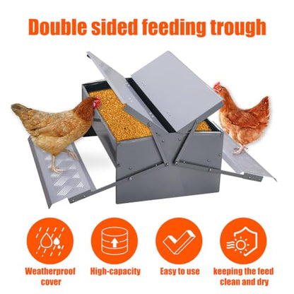 Automatic Chicken Feeder Treadle Feeding Trough, No Waste 25lbs Large Capacity Capacity Double-Side Treadle Auto Poultry Feeder, with Weatherproof Lid for for 6-12 Hens Fowl Duck