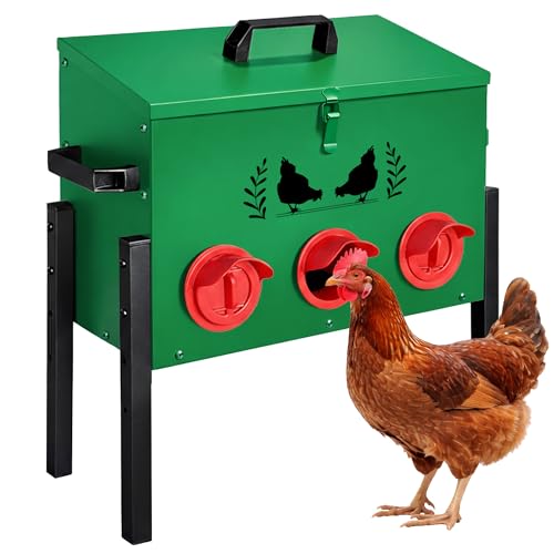 30 LB Large Automatic Chicken Feeder, No Waste Metal Poultry Feeder with 8 Ports, Weatherproof Outdoor Dispenser with Adjustable Legs & Locking Lid for Backyard Chickens, Green