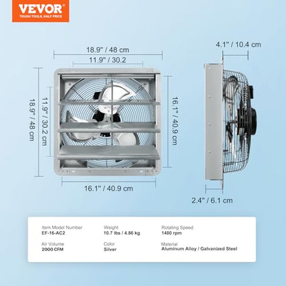 VEVOR Shutter Exhaust Fan, 16'' with Various Speeds, AC-motor, 2000 CFM, Wall Mount Attic Fan, Ventilation and Cooling for Greenhouses, Garages, Sheds, FCC - size: 16 Inch