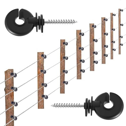 50-Pack UV-Resistant Screw-in Electric Fence Ring Insulators for Wood Posts, Heavy Duty for Animal Livestock, Includes Free Installation Socket Tool (Black)
