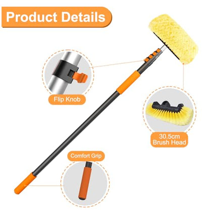SISUPASSIE Car Wash Brush, 20FT Telescopic Car Wash Brush with Long Handle, 12-Inch Soft Bristle Car Cleaning Brush for Cleaning Car, RV, Truck, Boat, Solar Panels - size: 20FT