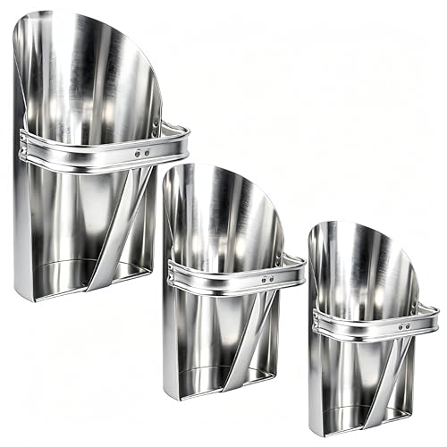 3 Pack Galvanized Feed Scoop Set, Heavy Duty Metal Grain Scoop for Livestock, Horse & Chicken, 3 Sizes with Rolled Edges & Flat Base for Farm, Coop, Gardening