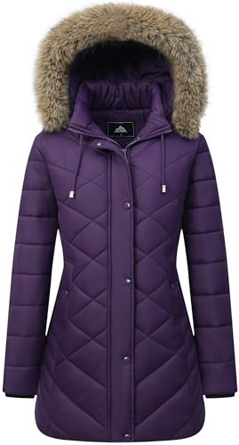 Women's Long Warm Winter Coat Windproof Thickened Fleece Lined Down Jacket Waterproof Puffer Outerwear with Removable Hood - color: Purple, size: Small