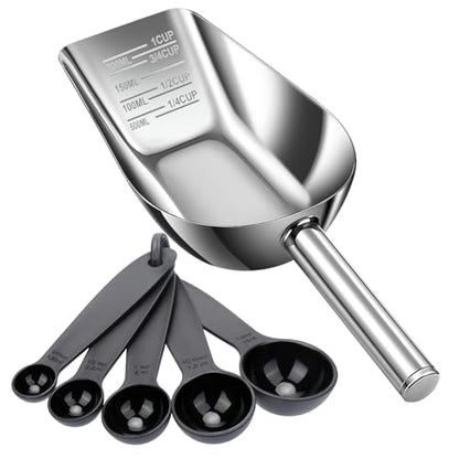 AIERSA Pet Food Scoop & Measuring Cup for Dogs & Cats, Stainless Steel Dog Scoop1 ¾ / ½ / ¼ Cup with Multi-Unit Markings for Precision Feeding, Easy-Clean Metal Food Storage
