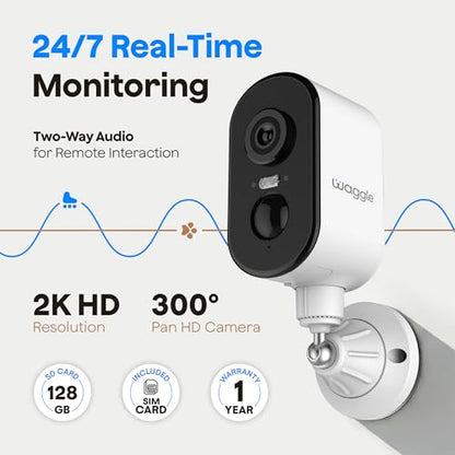 Waggle 4G LTE Cellular Security Camera, Built in SIM Card, 2K HD Pet Monitor, 300° Pan, No WiFi, 9000mAh Battery, Night Vision & 2-Way Talk - RVs/Camping/Travel & Outdoor - Subscription Required - size: 1 - Pack 4G Cellular