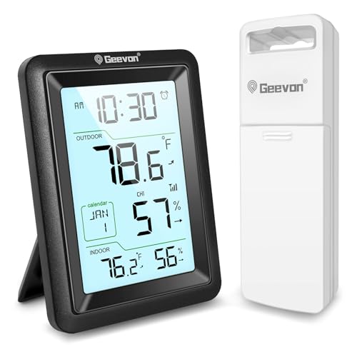 Geevon Wireless Indoor Outdoor Thermometer & Hygrometer with Remote Sensor – Digital Temperature & Humidity Monitor, Alarm, Snooze, 10s Backlight - color: Black E, size: 256388 Small